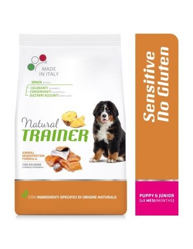 Natural Trainer Sensitive No Gluten Medium Maxi Puppy and Junior con Salmone e Cereali Integrali 3kg. Cibo Secco Per Cani