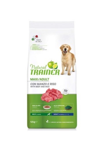 Natural Trainer Dog  Maxi Manzo e Riso kg 12. Cibo Secco Per Cani Taglia Grande.