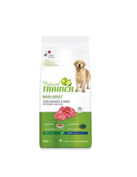 Natural Trainer Dog  Maxi Manzo e Riso kg 12. Cibo Secco Per Cani Taglia Grande