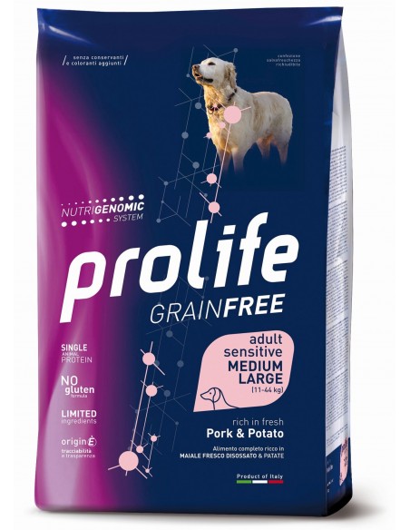 Prolife Grain Free Adult Medium/Large Sensitive Pork and Potato (Maiale e Patate) Kg.10 Cibo per Cani