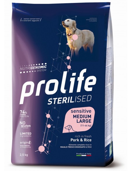 Prolife Sterilised Sensitive Adult Medium/Large Pork and Rice (Maiale e Riso) Kg.2 Cibo per Cani.