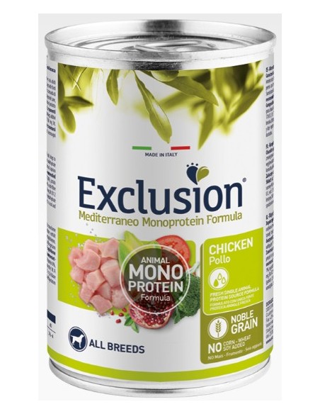 Exclusion Mediterraneo Mono Noble Grain  Adult Pollo Gr 400. Cibo Umido Per Cani