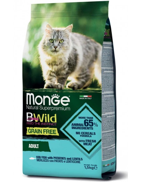 Monge Bwild Grain Free Merluzzo Patate e Lenticchie Kg.1,5 Cibo Secco per Gatti