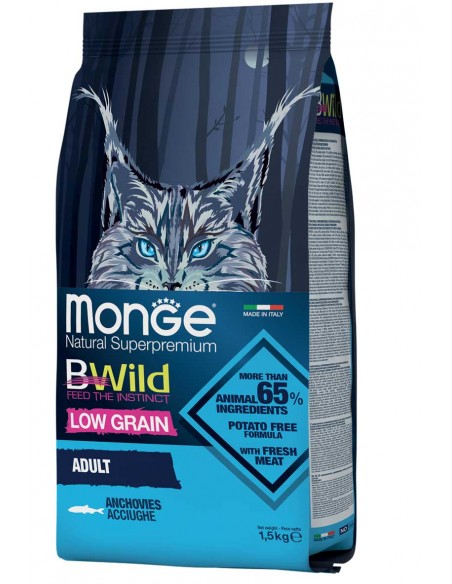 Monge Bwild Low Grain Adult Acciughe Kg.1,5 Cibo Secco per Gatti