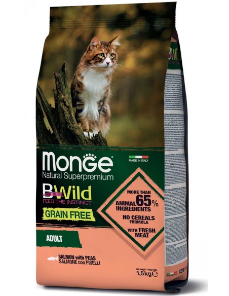 Monge Bwild Grain Free Salmone e Piselli Kg.1,5 Cibo Secco per Gatti