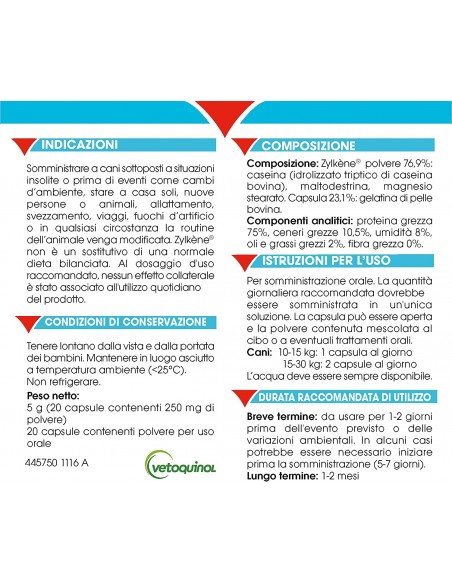 Zylkene Mangime Complementare Cani di peso tra 10-30 Kg .Integratore per cani