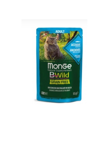 Monge Bwild Grain Free Adult Acciughe e Ortaggi Busta gr 85. Alimento Per Gatti