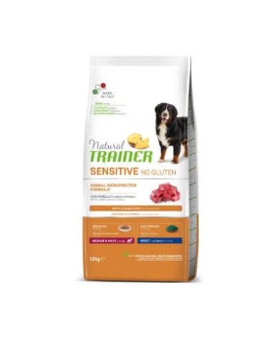 Natural Trainer Dog Sensitive Medium Maxi Agnello e Cereali No Gluten  kg 12. Alimento Per Cani