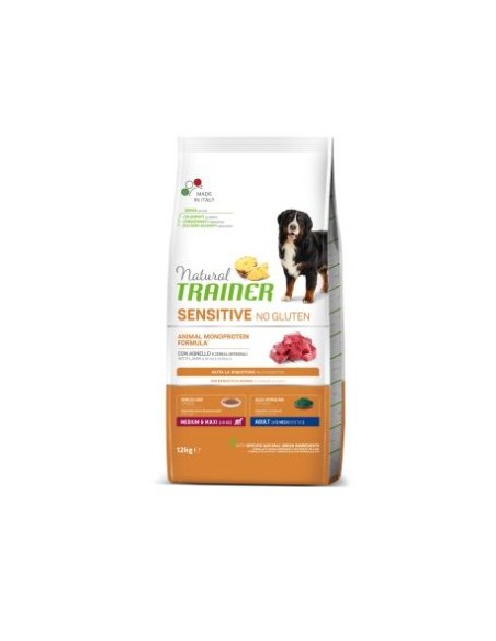 Natural Trainer Dog Sensitive Medium Maxi Agnello e Cereali No Gluten  kg 12. Alimento Per Cani