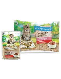Stuzzy Cat Bocconcini 4 Buste da gr 85 Prosciutto e Manzo. Cibo Umido Per Gatti