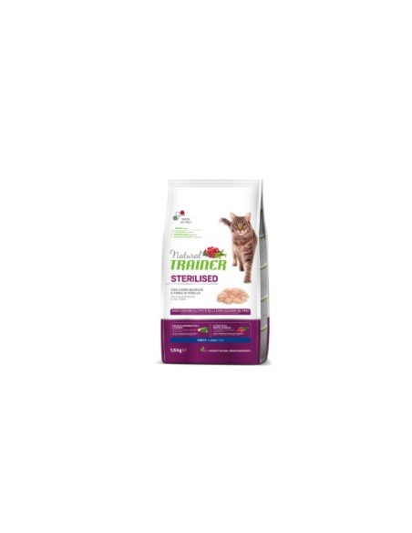 Natural Trainer Adult Sterilised Con Carni Bianche Fresche kg 1,5. Cibo Secco Per Gatti.