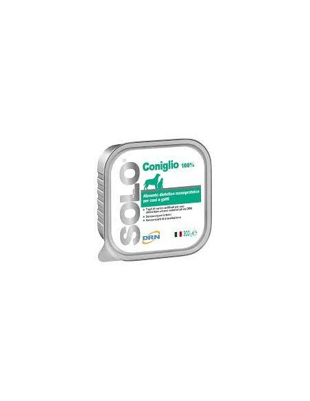 Solo Coniglio Gr.100 Drn Cibo per Cani è un alimento dietetico monoproteico complementare per cani e gatti per la riduzione dell