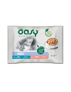 Oasy Adult Multipack Tonno e Salmone 4x85 gr. Cibo Umido Per Gatti.