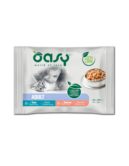 Oasy Adult Multipack Tonno e Salmone 4x85 gr. Cibo Umido Per Gatti.