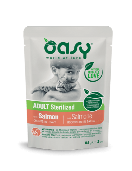 Oasy Wet Cat Bocconi Sterilizzato Salmone Gr 85. Cibo Umido Per Gatti