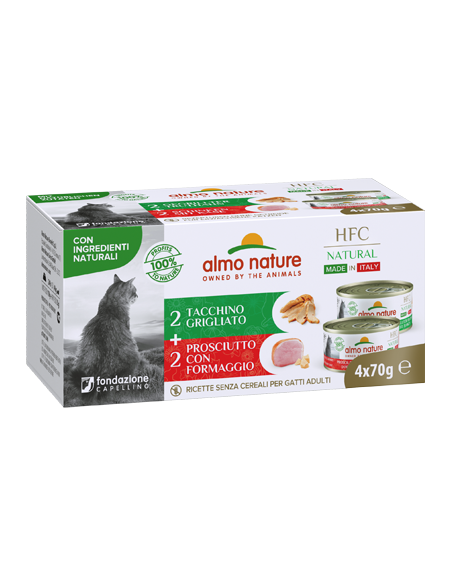 Almo HFC Natural Made in italy Tacchino e prosciutto 4x70 gr  . Cibo Umido Per Gatti