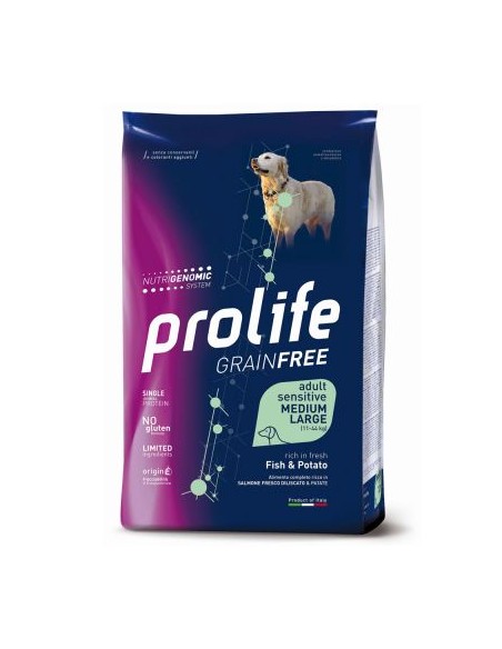 Prolife Grainfree Adult Sensitive Medium Large Pesce e Patate kg 2,5. Cibo Secco Per Cani