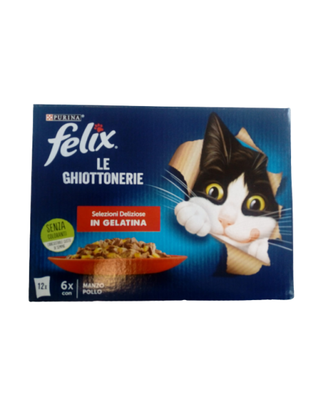 Felix Multipack le Ghiottonerie Selezioni Deliziose in Gelatina Manzo  Pollo 12x 85gr. Cibo umido per gatti