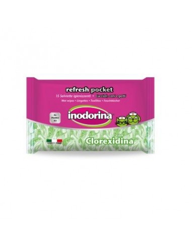 Salviette Inodorina Refresh Pocket 15 pezzi Clorexidina  . Igiene Per Cani
