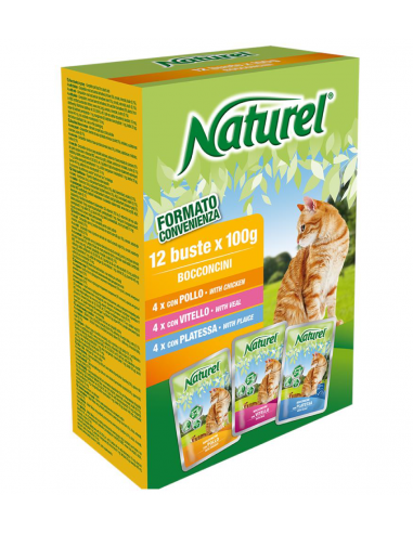 Naturel Cat Box 12 pezzi. Buste Pollo Vitello e Platessa gr 100. Cibo Umido Per Gatti