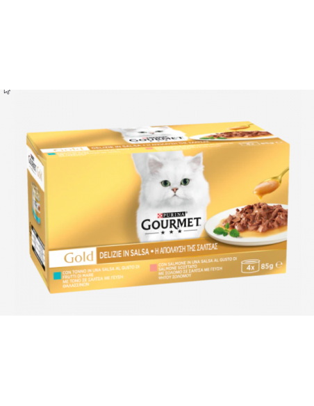 Gourmet Gold Delizie in Salsa Tonno con Salmone 4x85 Gr. Mangime Umido Per Gatti.