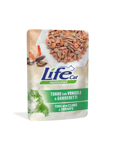 LIFE CAT Busta Tonno con Vongole e Gamberetti Gr.70. Cibo Umido Per Gatti