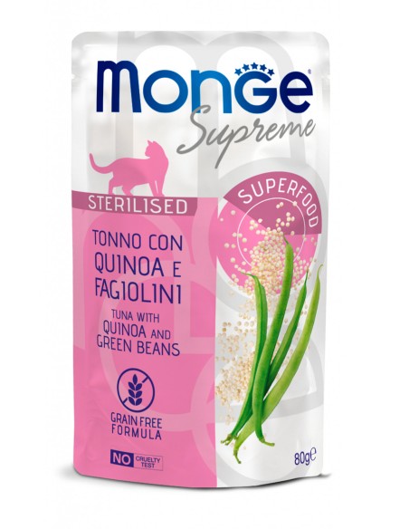 monge busta supreme sterilizzato tonno/quinoa/fagiolini gr 80. Mangime umido per gatti