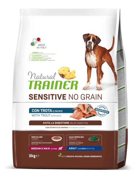 Natural Trainer Sensitive No Grain Trota e Patate kg 3. Crocchette Per Cani