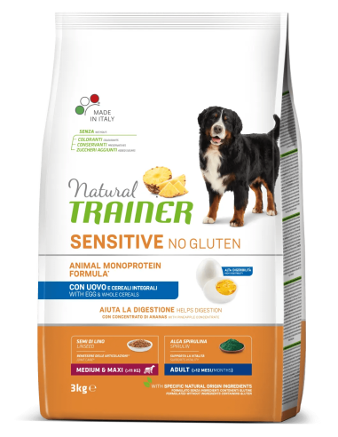 Trainer Dog Sensitive NoGluten Med/Max Uovo e Cereali Integrali kg.3. Crocchette per cani