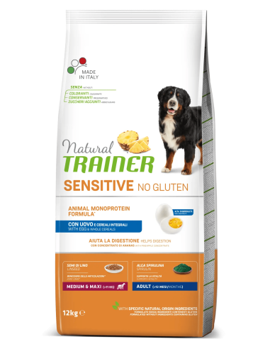Trainer Dog Sensitive NoGluten Med/Max Uovo e Cereali Integrali kg.12. Cibo Secco Per Cani
