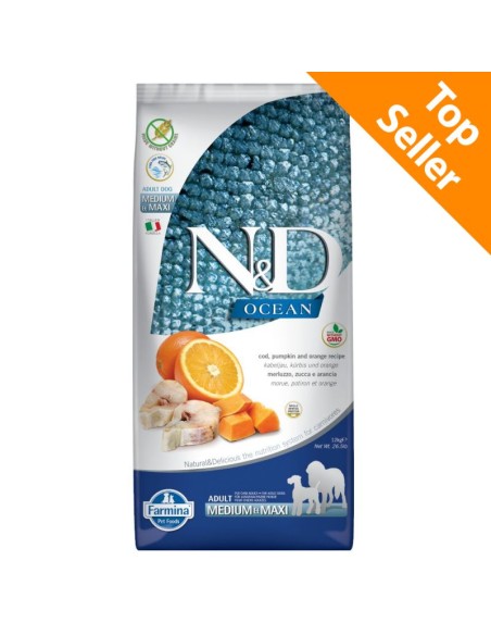 N&D Ocean Cod,Pumpkin and Orange KG.12 Adult Medium Maxi Farmina Crocchette per Cani è un alimento completo per cani in età adul