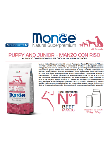 Puppy/Junior Monoproteico Manzo e Riso Kg.12 All Breeds. Puppy