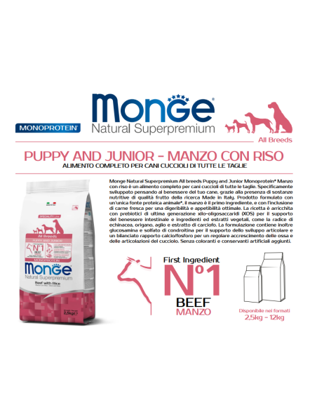 Puppy/Junior Monoproteico Manzo e Riso Kg.12 All Breeds. Puppy