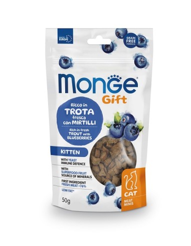 Monge Gift Cat Meat Minis Kitten Trota Fresca con Mirtilli Blu gr.50. Snack Per Gatti