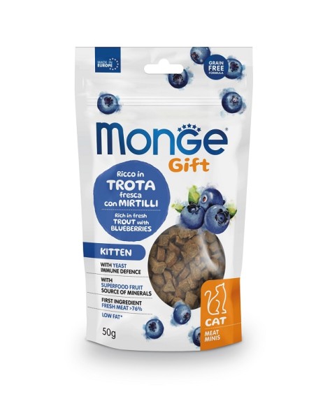 Monge Gift Cat Meat Minis Kitten Trota Fresca con Mirtilli Blu gr.50. Snack Per Gattini