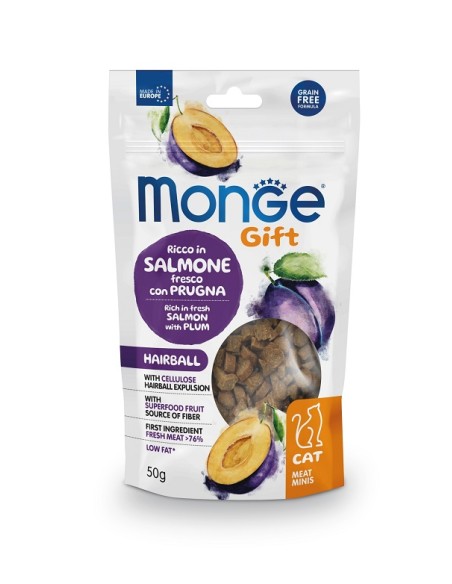 Monge Gift Cat Meat Minis Hairball Salmone con Prugne gr.50. Snack Per Gatti
