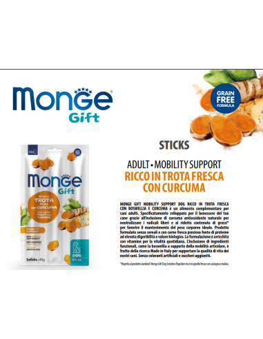 Monge Gift Dog Sticks Mobility Support Trota con Curcuma gr.45. Snack Per Cani