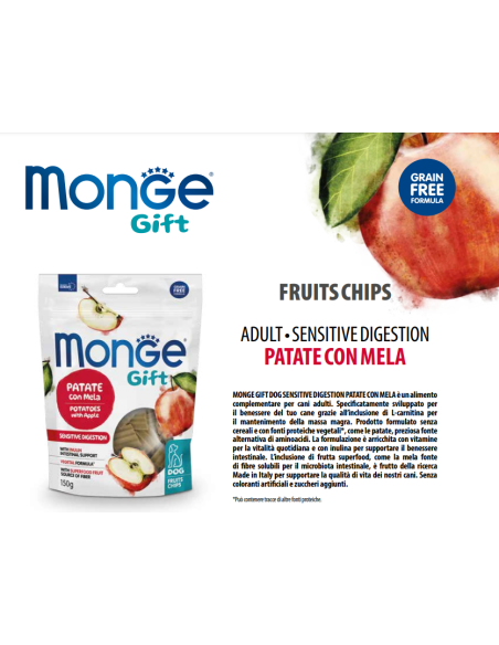 Monge Gift Dog Fruit Chips Sensitive Digestion Patate con Mela gr.150.Snack Per Cani
