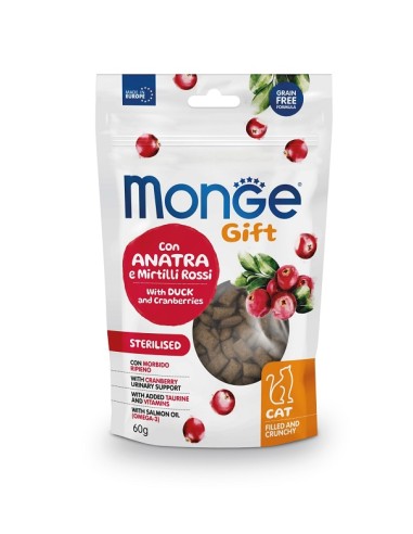 Monge Gift Cat Filled and Crunchy Sterilised Anatra e Mirtilli Rossi gr.60. Snack Per Gatti