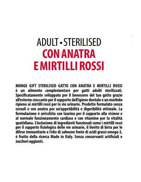 Monge Gift Cat Filled and Crunchy Sterilised Anatra e Mirtilli Rossi gr.60. Snack Per Gatti