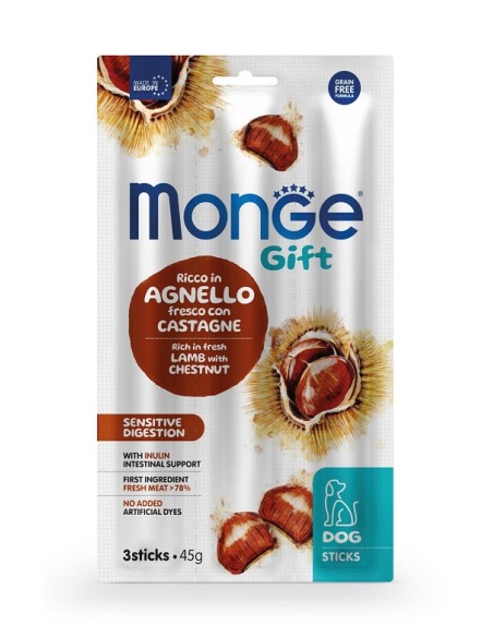 Monge Gift Dog Sticks Sensitive Digestion Agnello con Castagne gr.45. Snack Per Cani