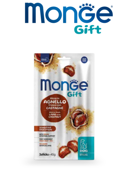 Monge Gift Dog Sticks Sensitive Digestion Agnello con Castagne gr.45. Snack Per Cani