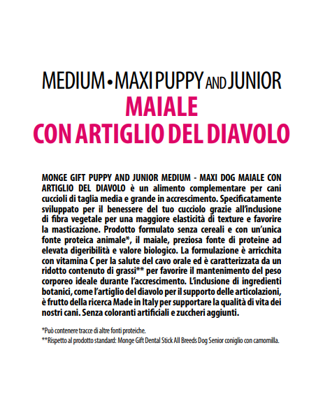 Monge Gift Dog Dental Stick Puppy M/M Maiale con Artiglio diavolo Gr 210. Snack Per Cani
