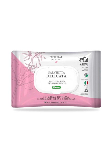 Salviette Delicate Derbe con Acqua distillata di Amamaelide rosa e Camo. Igienici Per Cani. Igienici per gatti.