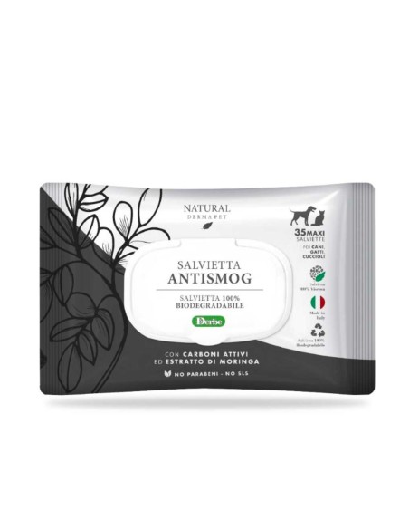 Salviette Antismog Derbe con Carboni Attivi ed estratto di Moringa. Igiene per cani e gatti .