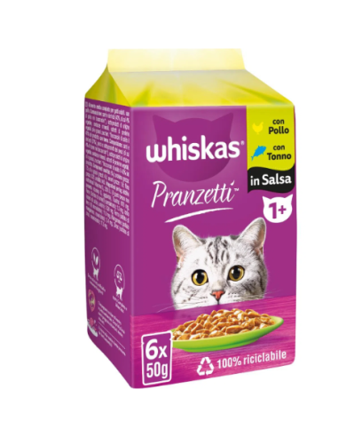 Whiskas Pranzetti con Pollo e Tacchino in Salsa 1+ gr.50 x6. Cibo Umido Per  Gatti