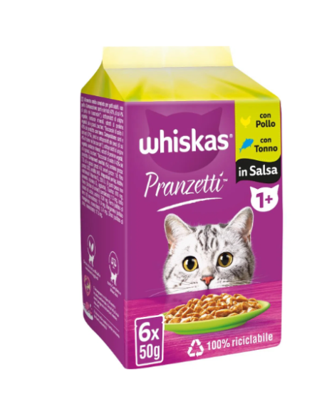 Whiskas Pranzetti con Pollo e Tacchino in Salsa 1+ gr.50 x6. Cibo Umido Per Gatti