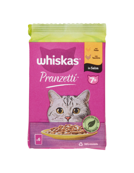 WHISKAS Pranzetti 7+ Pollo con Tacchino in Salsa gr.50 x6. Alimento Umido Per Gatti