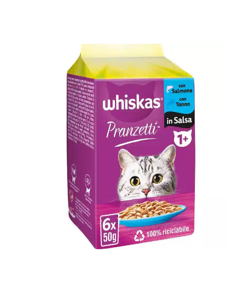 Whiskas Pranzetti 1+ Salmone Tonno in salsa Gr.50X 6 Pz. Cibo Umido Per Gatti