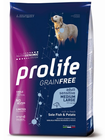 Prolife Grainfree Adult Sensitive m/l Sogliola e Patate Kg.10 Cibo secco per cani